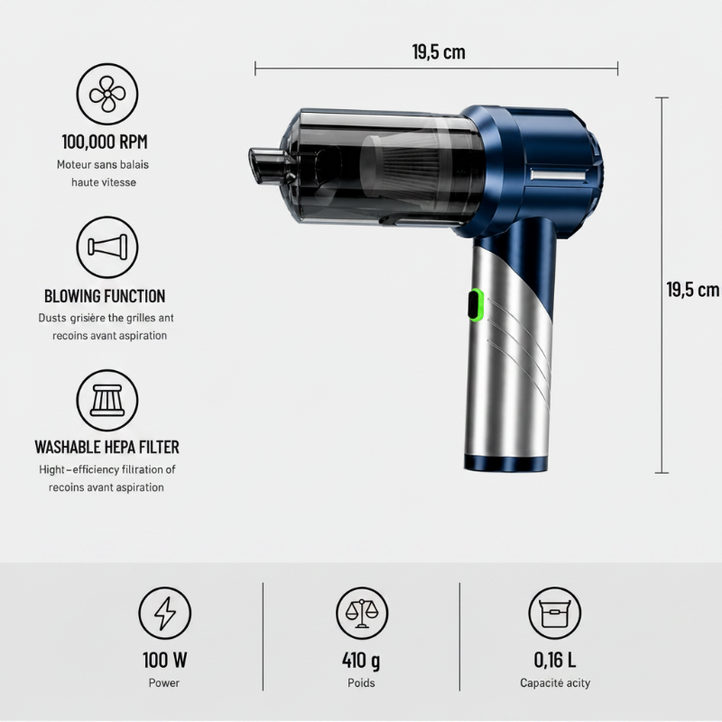 Aspirateur voiture pliable argent et bleu