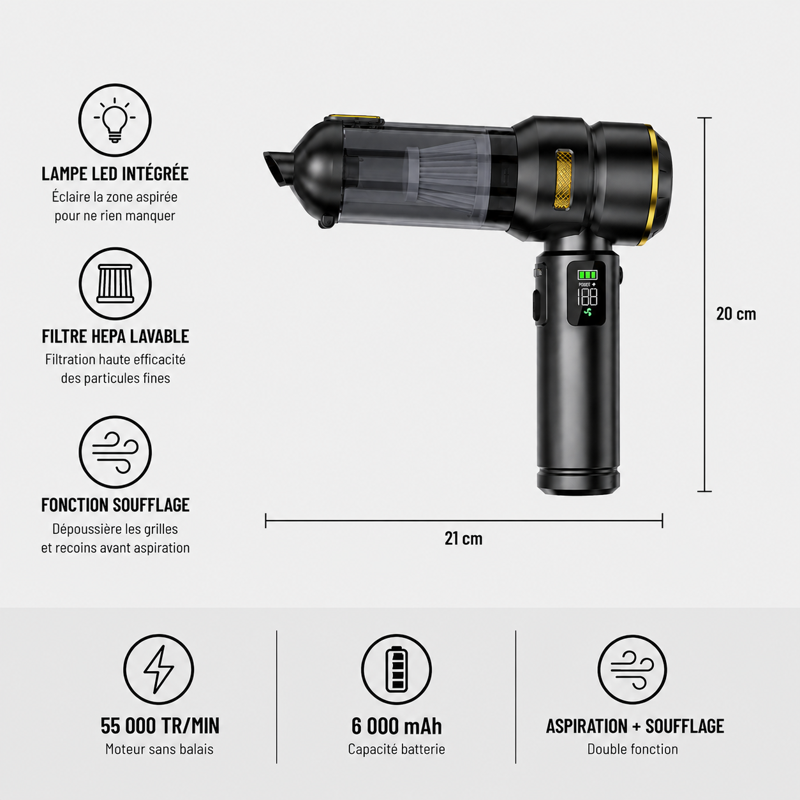 Aspirateur voiture avec lampe LED noir doré avec dimensions