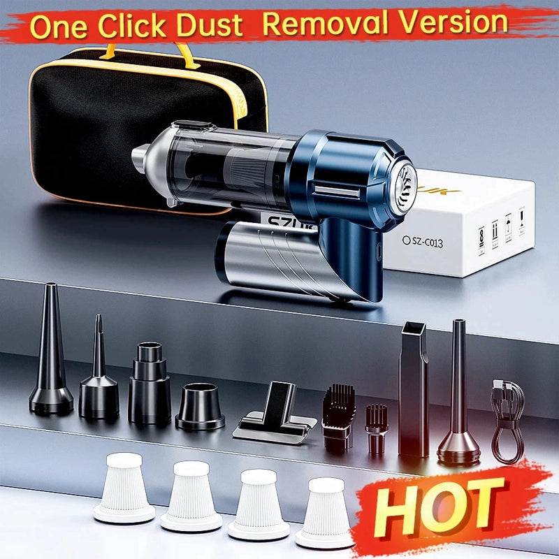 Aspirateur voiture pliable argent et bleu 4 filtres sacoche et éjection one-click