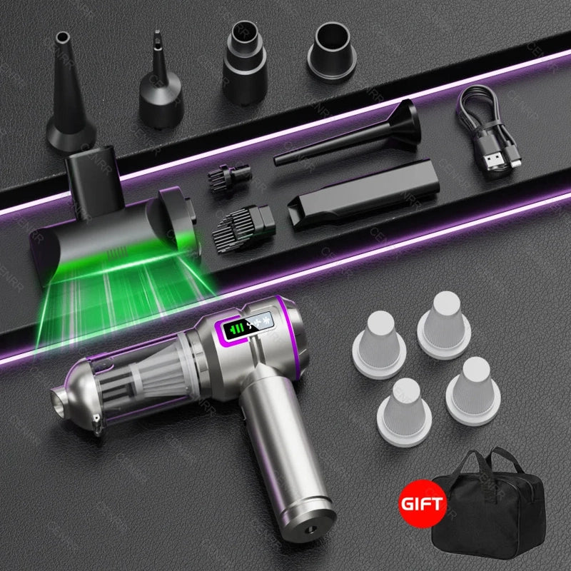 Aspirateur voiture gris violet 4 filtres sacoche et lumière vert