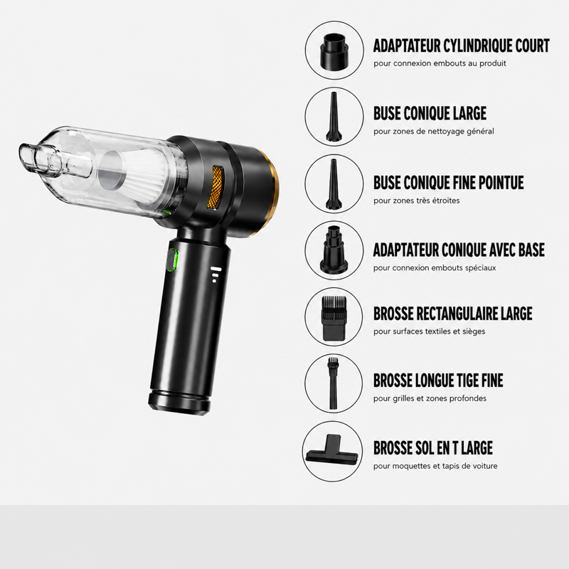 Aspirateur voiture finition Ultra argent et noir avec accessoires inclus