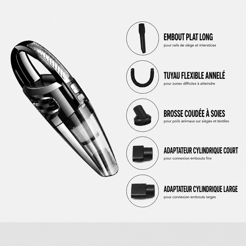 Aspirateur voiture allonge noir avec accessoires inclus