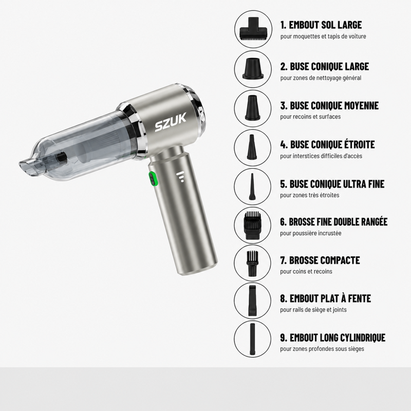 Aspirateur voiture argent avec accessoires inclus