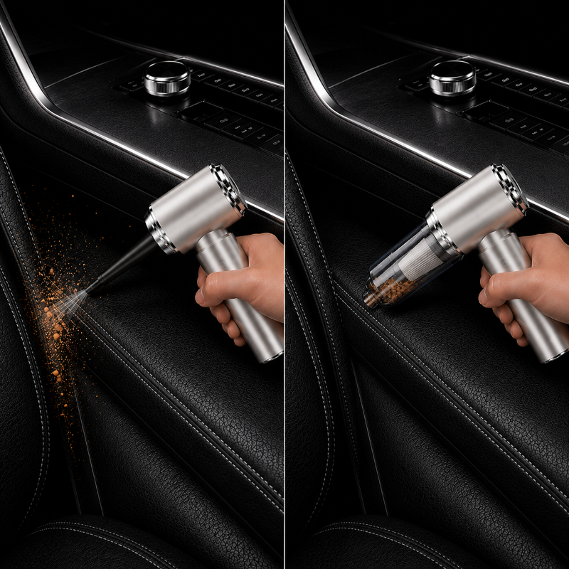 Aspirateur voiture gris en utilisation dans habitacle