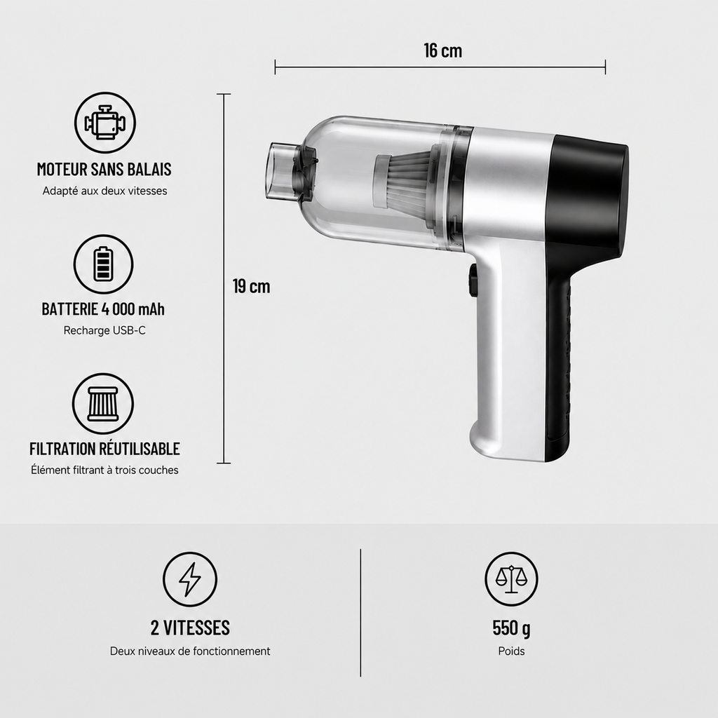Aspirateur voiture gris deux vitesses, dimensions et caractéristiques