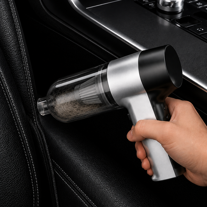 Aspirateur voiture gris deux vitesses en utilisation dans habitacle