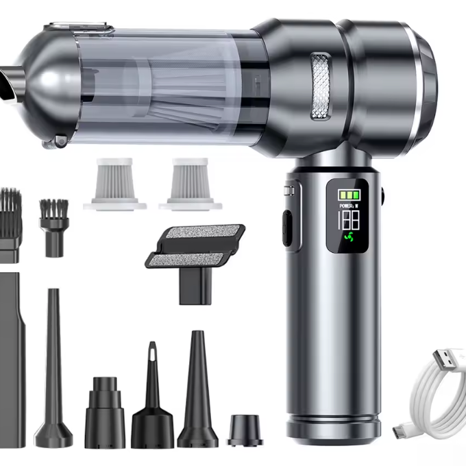 Aspirateur voiture gris avec lampe LED et 2 filtres HEPA