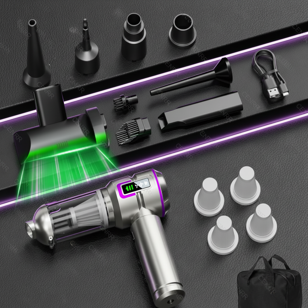 Aspirateur voiture gris violet avec 4 filtres HEPA, sacoche, brosse et lumière verte