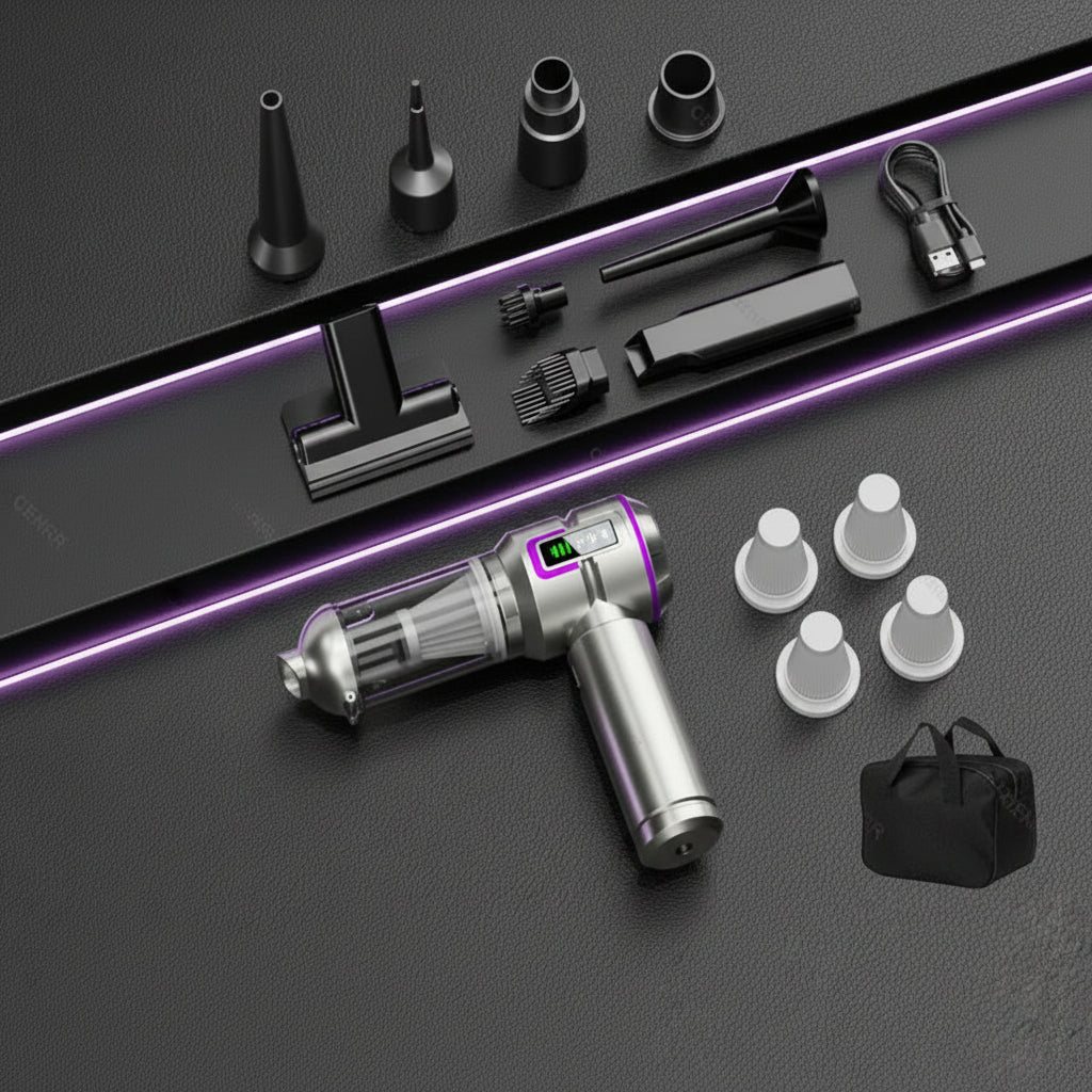 Aspirateur voiture gris violet 4 filtres et sacoche