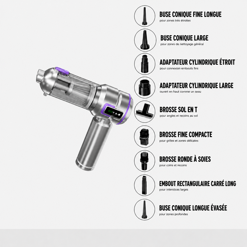 Aspirateur voiture gris violet avec accessoires inclus