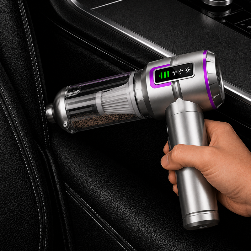 Aspirateur voiture gris violet en utilisation dans habitacle