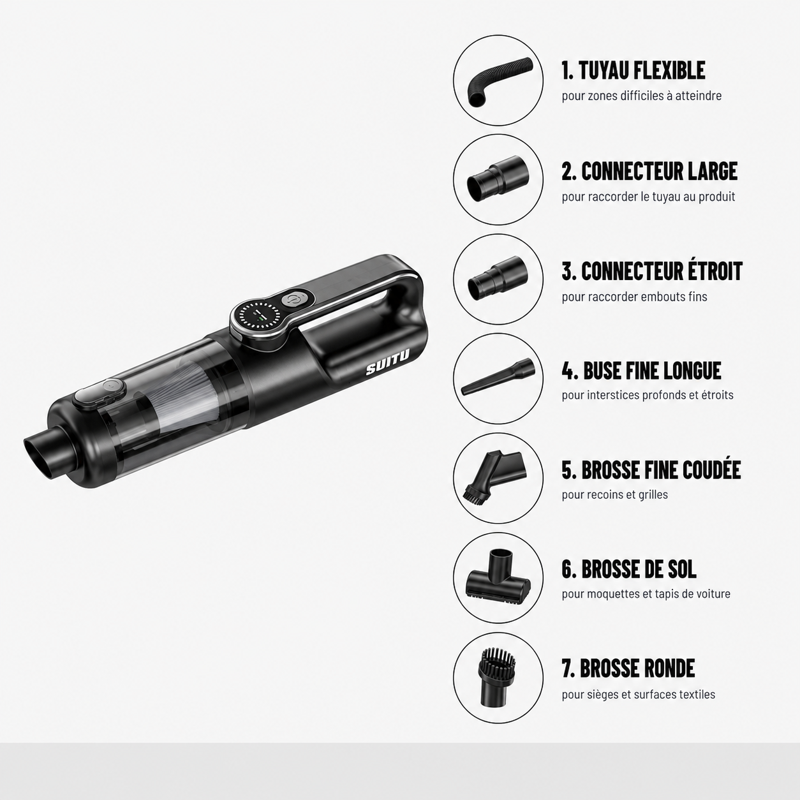 Aspirateur voiture long noir avec accessoires inclus