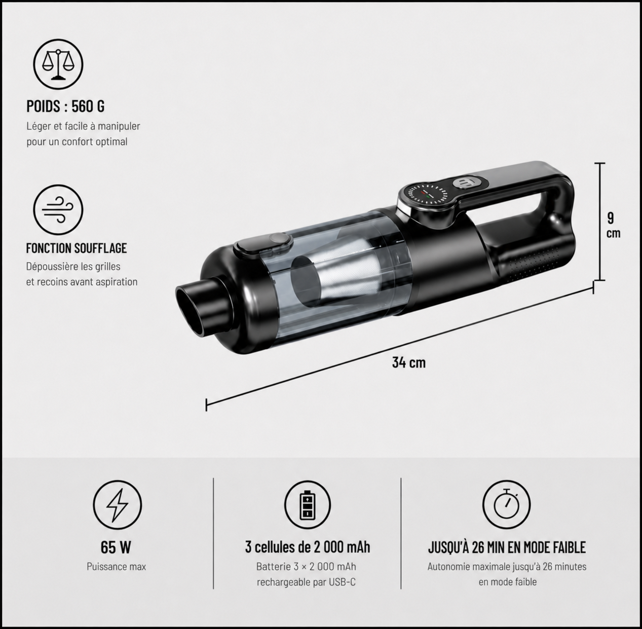 Aspirateur voiture long noir, dimensions et caractéristiques