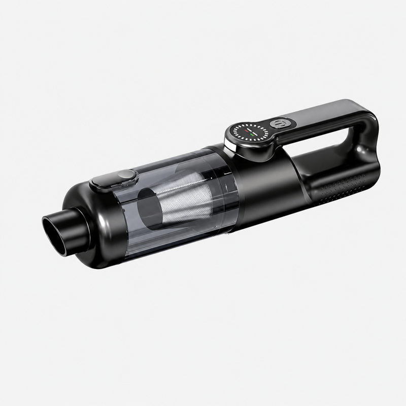 Aspirateur voiture long noir sur fond blanc