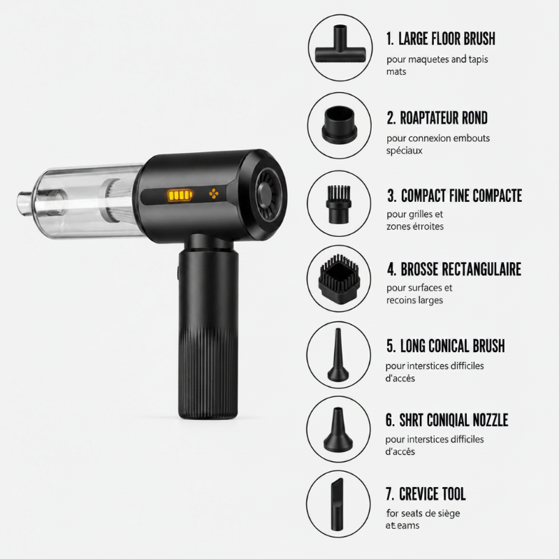 aspirateur noir led accessoires fond blanc