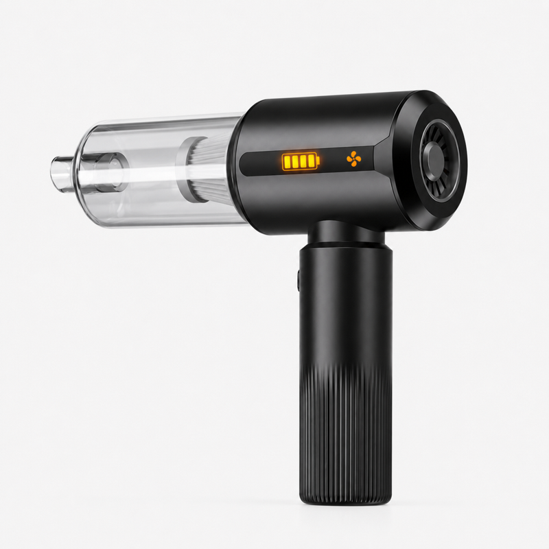 Aspirateur voiture noir LED orange sur fond blanc