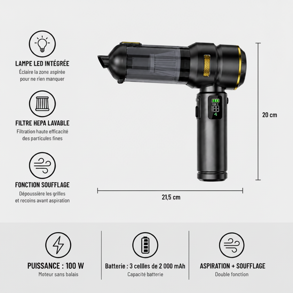 Aspirateur voiture avec lampe LED noir doré avec dimensions