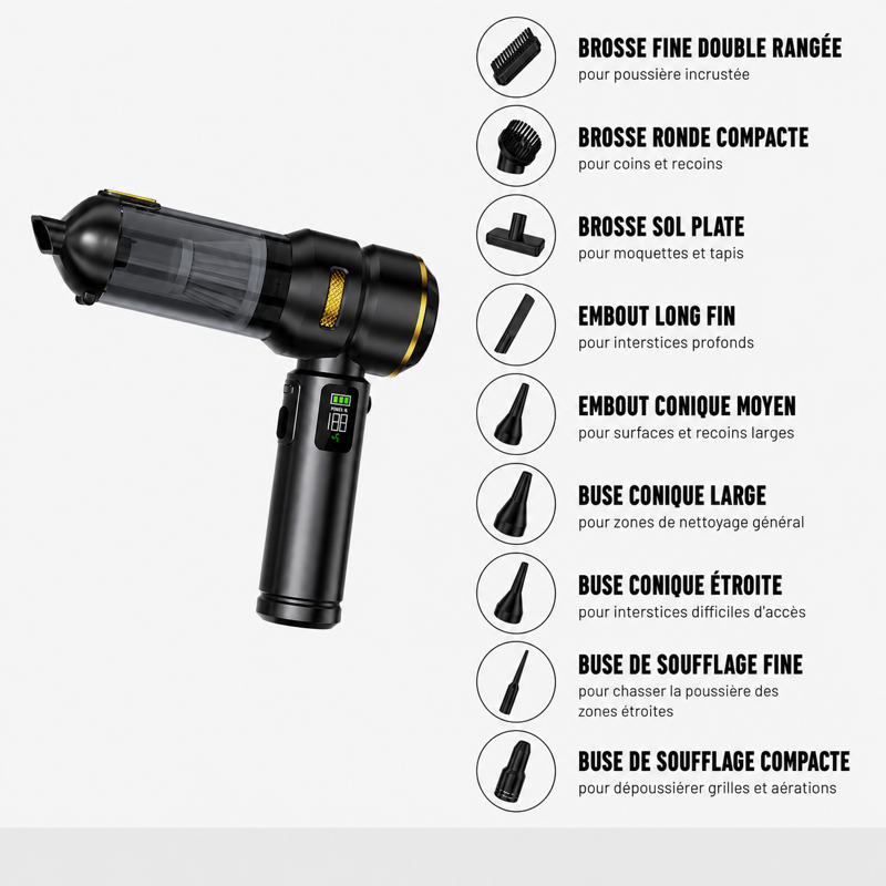 Aspirateur voiture avec lampe LED noir doré avec embouts