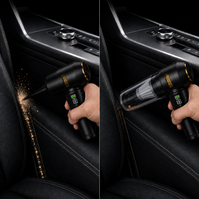 Aspirateur voiture avec lampe LED noir doré soufflage et aspiration