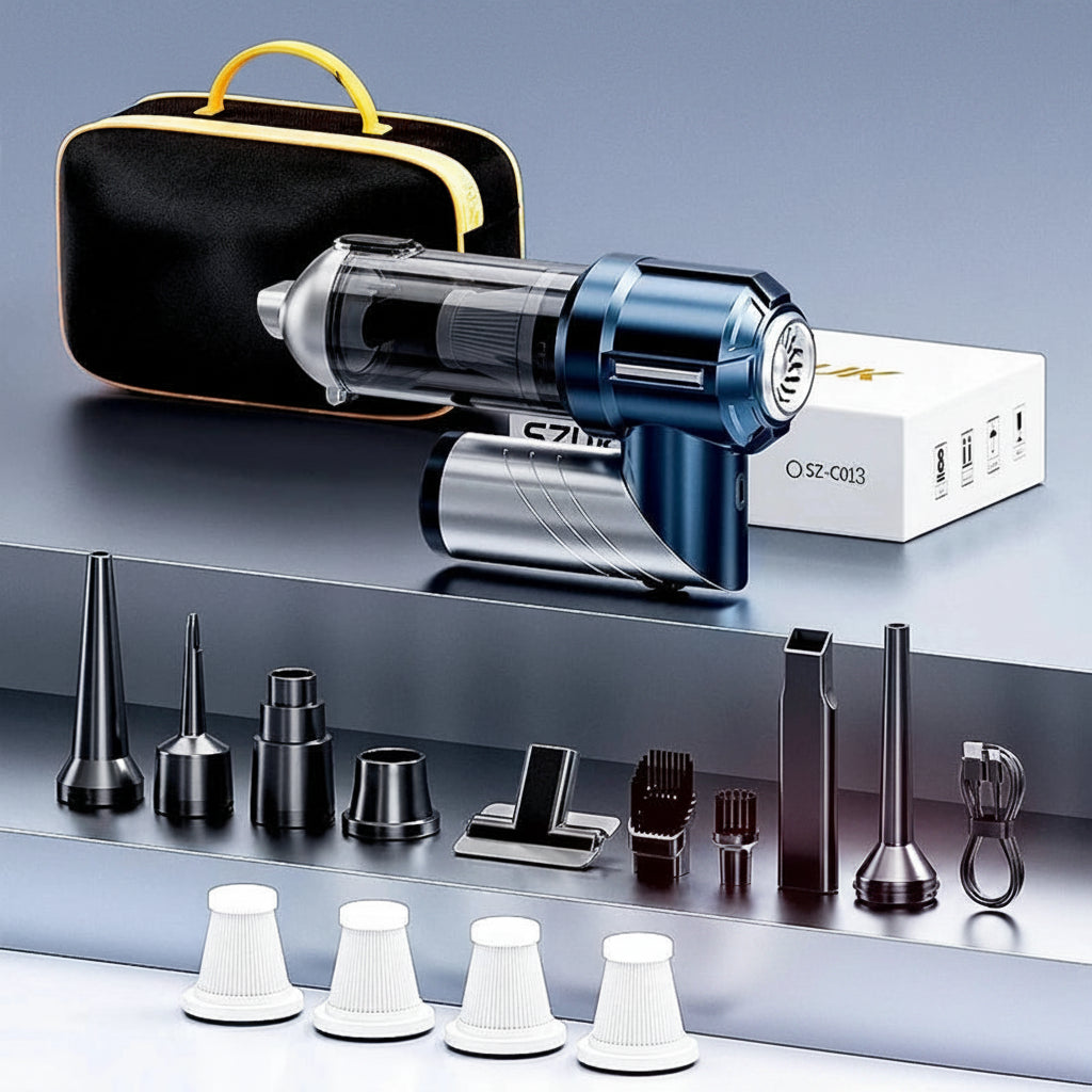 Aspirateur voiture pliable argent et bleu 4 filtres sacoche et éjection one-click