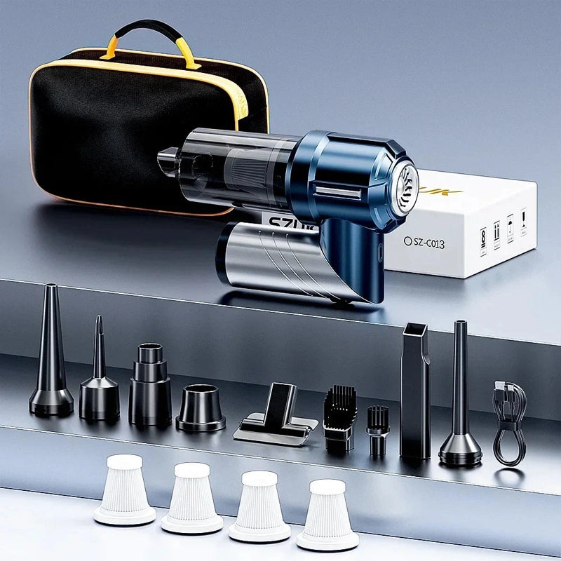 Aspirateur voiture pliable argent et bleu 4 filtres et sacoche