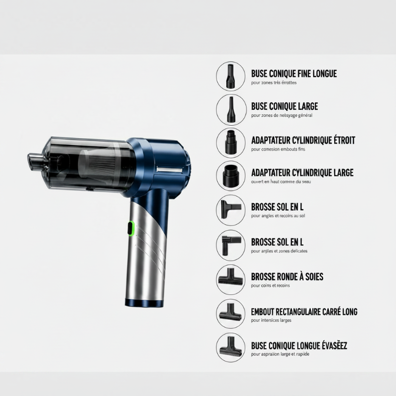 Aspirateur voiture pliable argent et bleu avec accessoires inclus