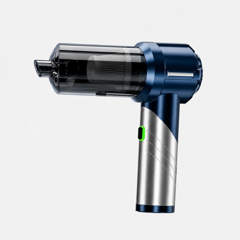 Aspirateur voiture pliable argent et bleu sur fond clair