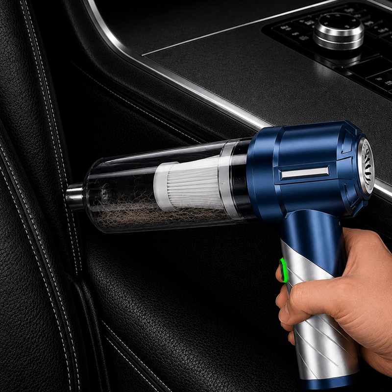 Aspirateur voiture pliable argent et bleu en utilisation dans habitacle