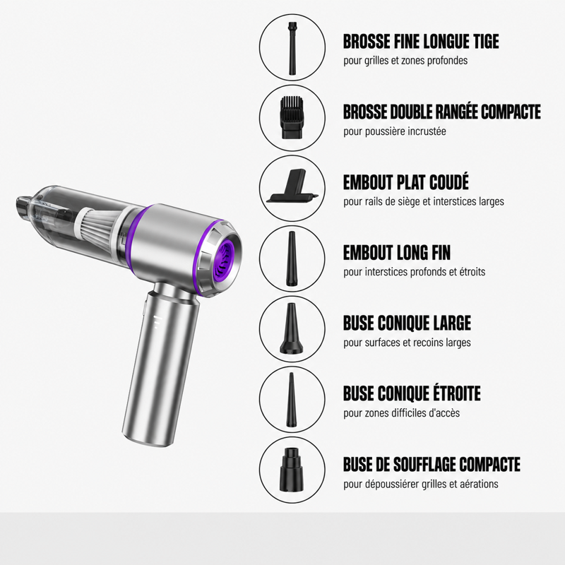 Aspirateur voiture violet avec accessoires inclus