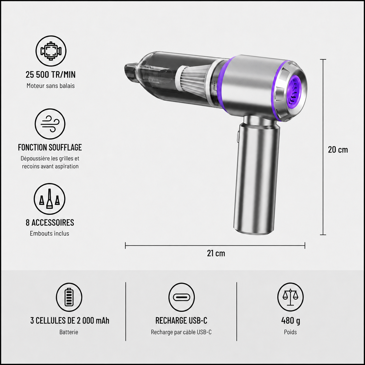 Aspirateur voiture violet, dimensions et caractéristiques