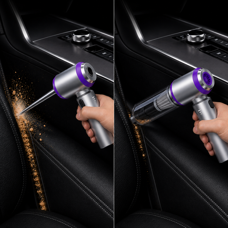Aspirateur voiture violet en utilisation dans habitacle