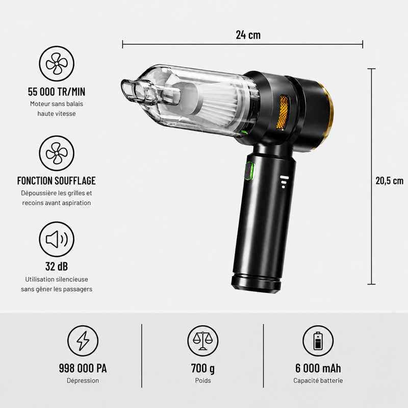 Aspirateur voiture finition Ultra argent et noir dimensions et caractéristiques